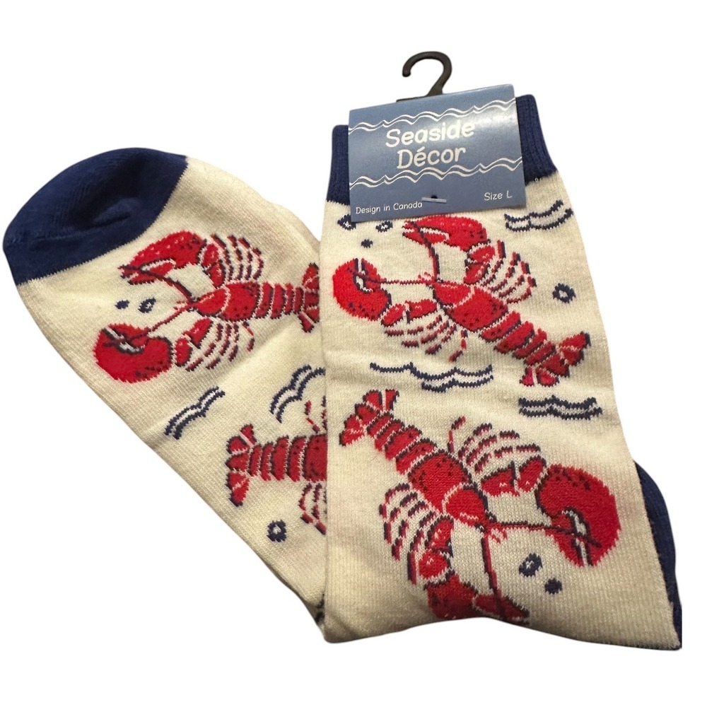 Seaside Decor Big Lobster Crew Socks Nautical Red Blue Cream Size L New